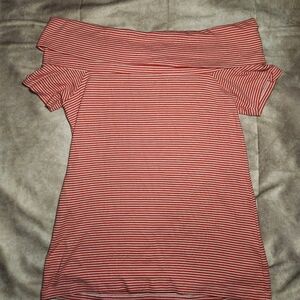 J Crew Off the Shoulder Red/Orange Striped Fold over Top